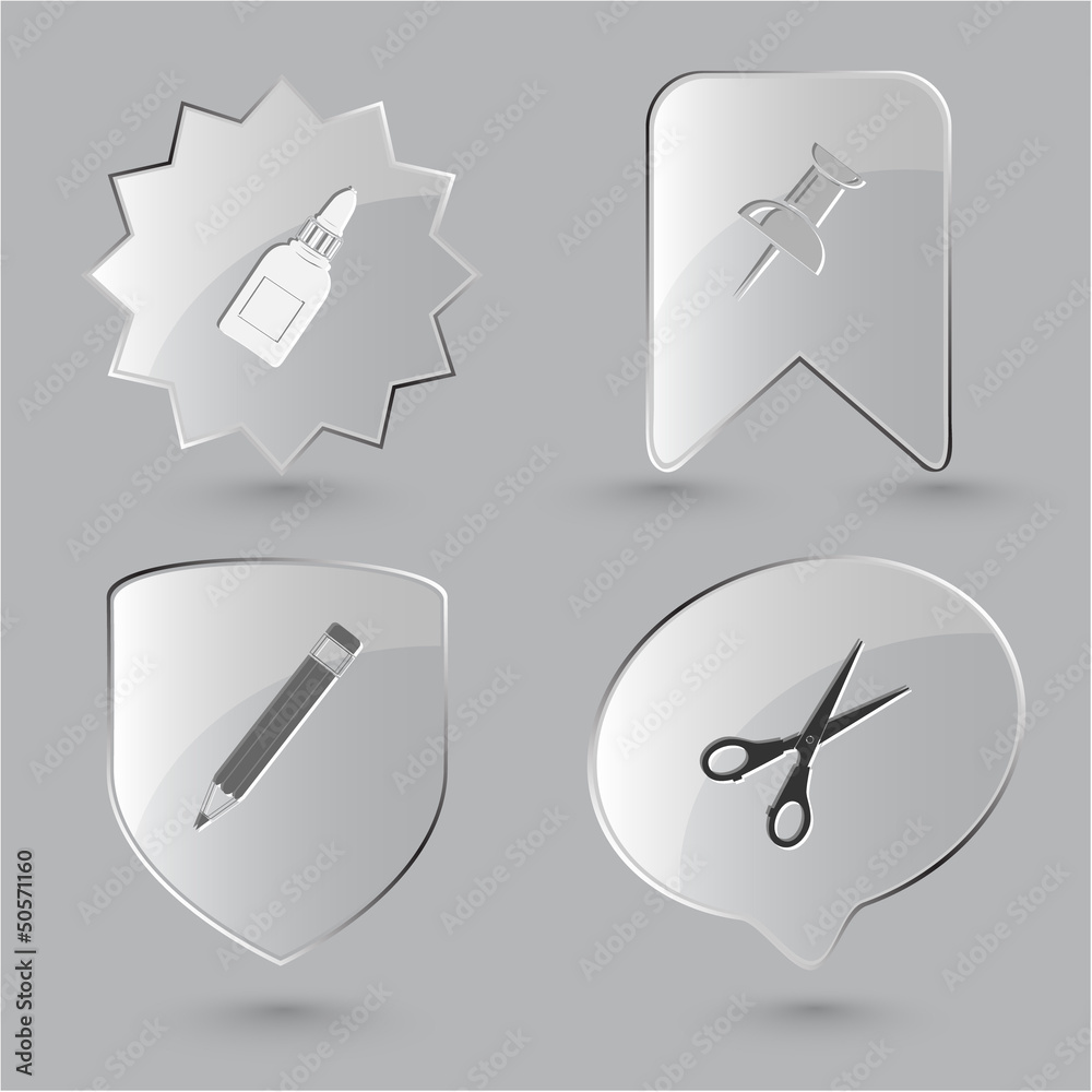 Education icon set. Push pin, pencil, scissors, glue bottle. Gla Education icon set. Push pin, pencil, scissors, glue bottle. Gla