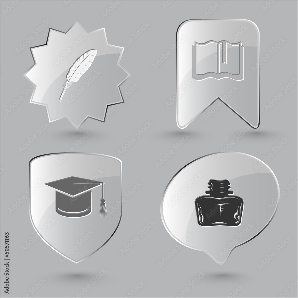 Education icon set. Graduation cap, book, inkstand, feather. Gla Education icon set. Graduation cap, book, inkstand, feather. Gla