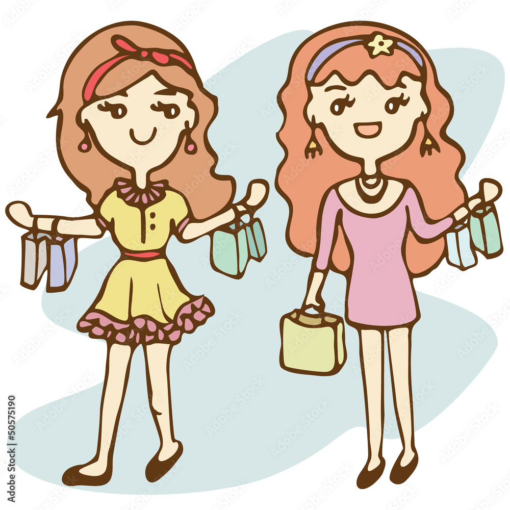 Shopping Girls With Shopping Bag, Cartoon Illustration. Shopping Girls With Shopping Bag, Cartoon Illustration.