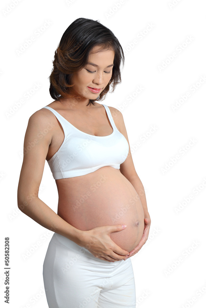 isolate with path portrait of pregnant woman touching her belly isolate with path portrait of pregnant woman touching her belly