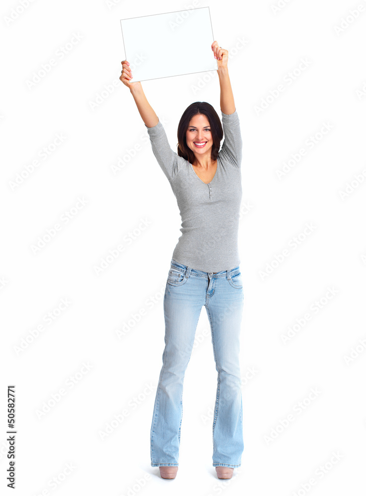 Obraz premium Happy woman showing a copyspace.