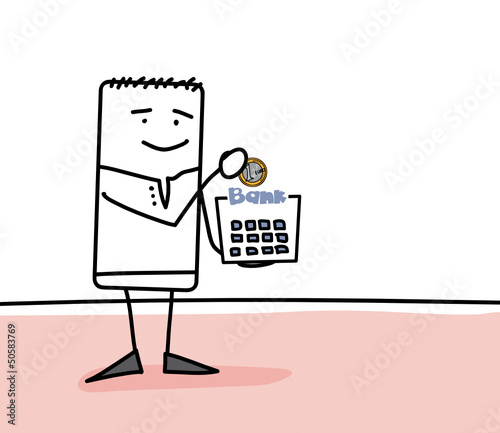 Personnage qui dépose une pièce dans une tirelire banque