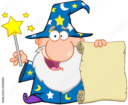 Funny Wizard Waving With Magic Wand And Holding Up A Scroll