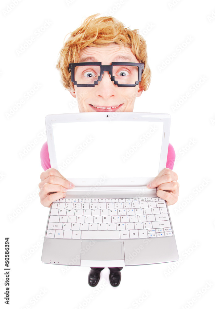 Funny nerdy guy showing laptop screen with your text Funny nerdy guy showing laptop screen with your text