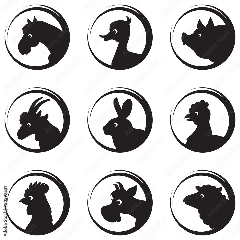 Farm animals and birds vector silhouette icon set Farm animals and birds vector silhouette icon set