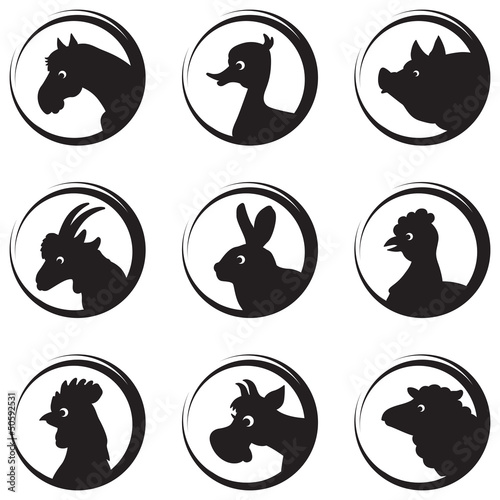 Farm animals and birds vector silhouette icon set