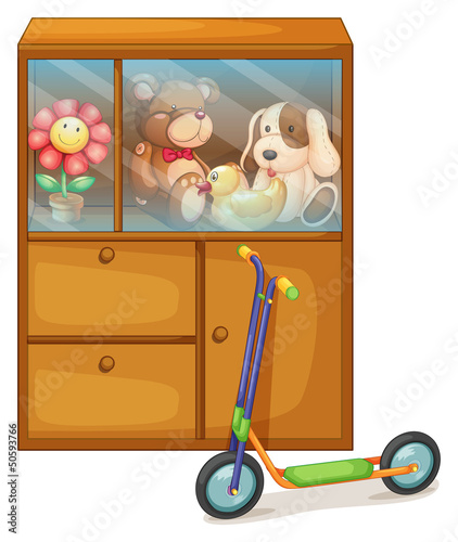 A cabinet full of toys at the back of a scooter