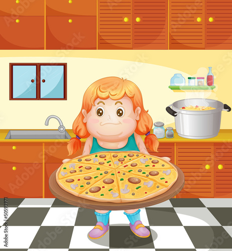 A fat young woman with a pizza