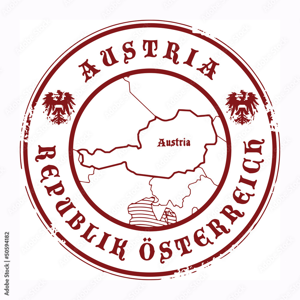 Naklejka premium Grunge rubber stamp with the name and map of Austria, vector