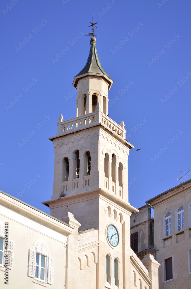 yelllow church tower in rijeka