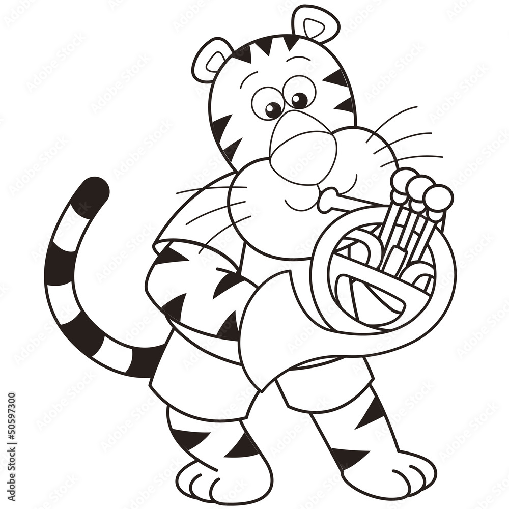 Fototapeta Cartoon Tiger Playing a French Horn
