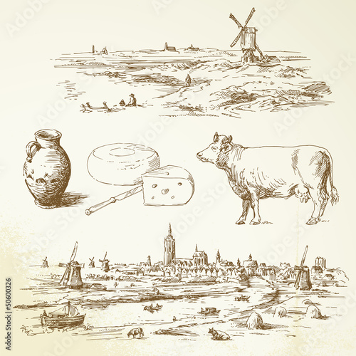 holland windmill - hand drawn illustration