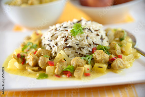 Reis mit Curry aus Sojastücken und Ananas