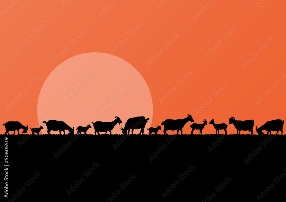 Farm dairy goats herd silhouettes landscape illustration backgro