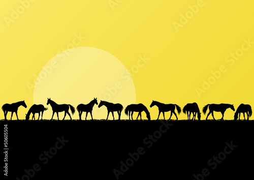 Farm horses silhouettes landscape illustration background