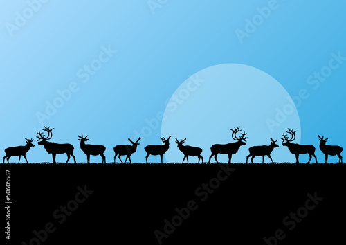 Reindeer herd in cold northern landscape illustration background