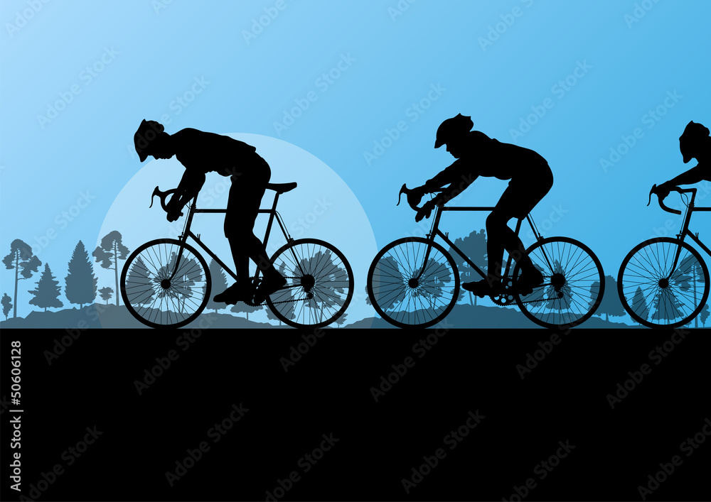 Sport road bike riders and bicycles detailed silhouettes