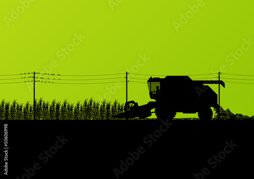 Agricultural combine harvester seasonal farming landscape scene