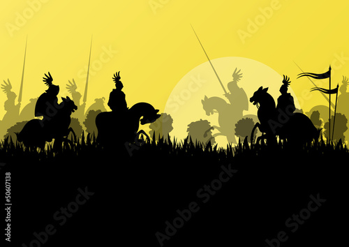 Medieval knight horseman silhouettes riding in battle field