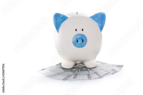 Hand painted blue and white piggy bank on pile of euros