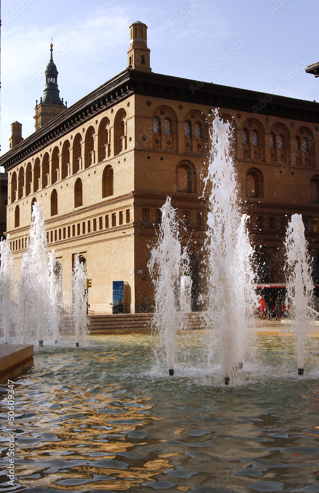 sources of water in the famous plaza del pilar in zaragoza, Spai