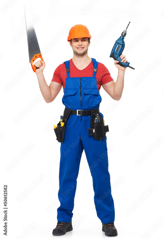 Handyman with tools full portrait isolated Handyman with tools full portrait isolated