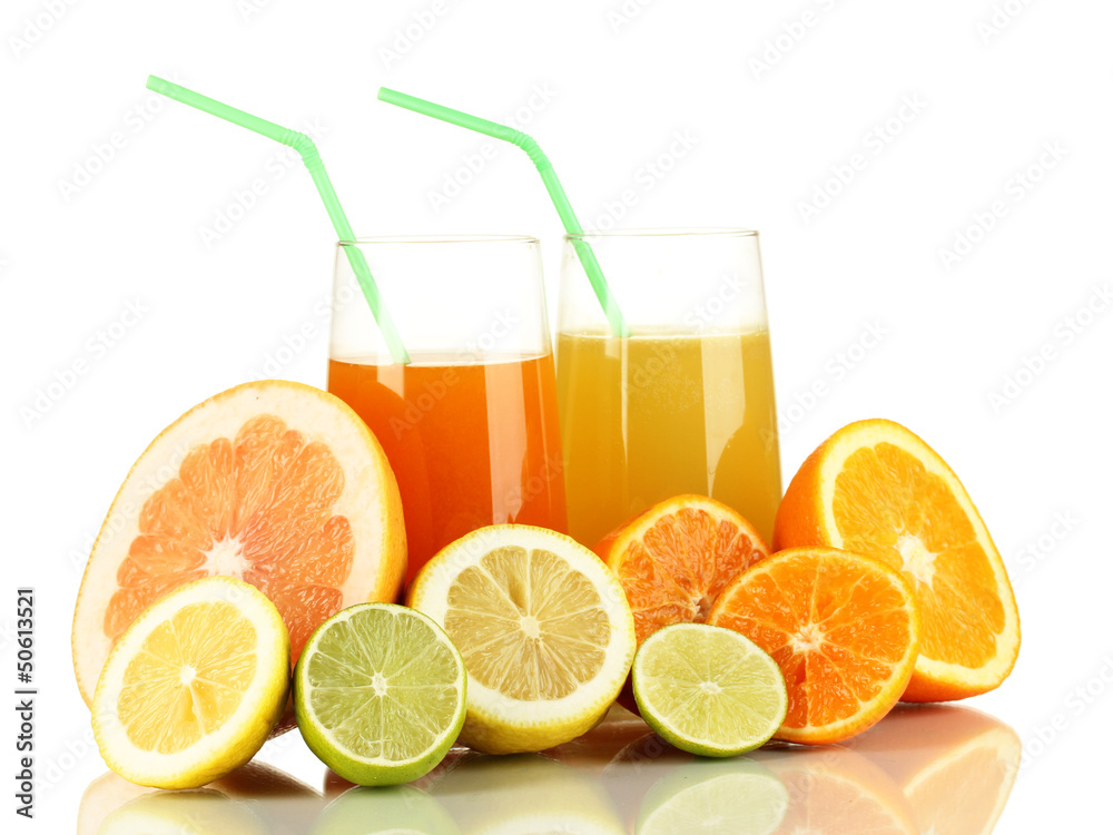 Lots ripe citrus with juices isolated on white Lots ripe citrus with juices isolated on white