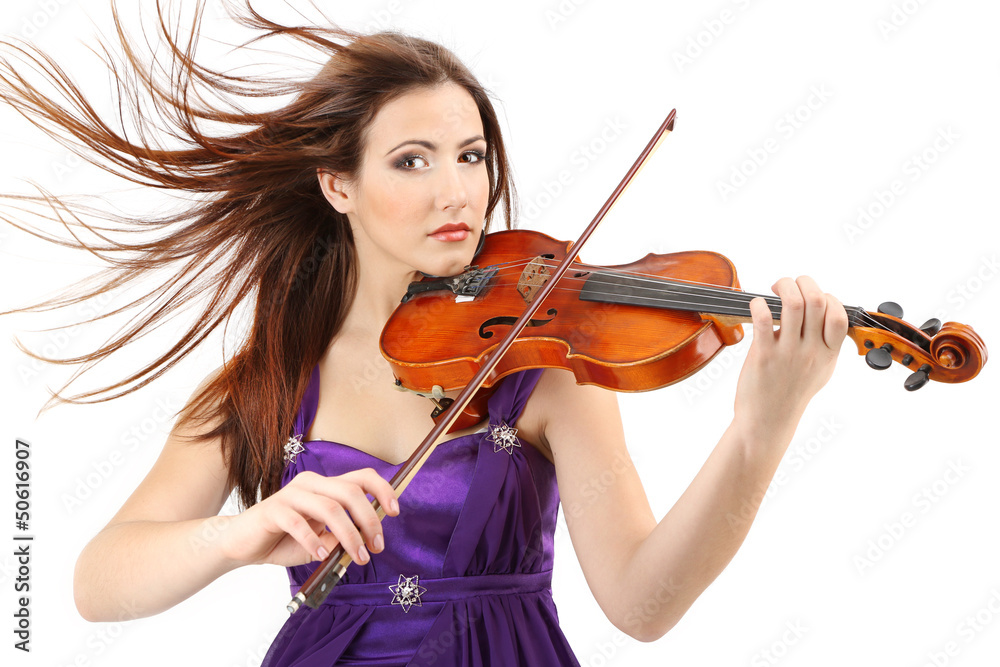 Beautiful young girl with violin, isolated on white Beautiful young girl with violin, isolated on white