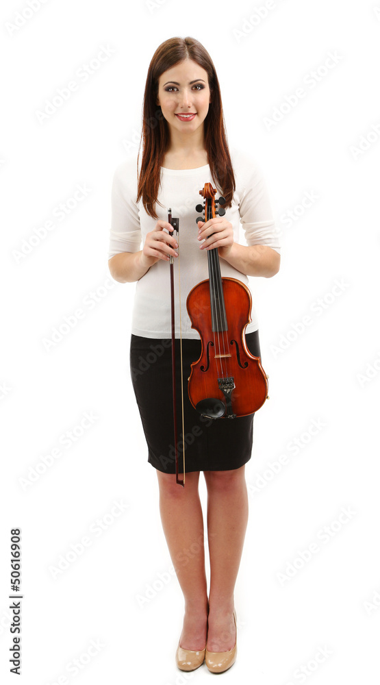 Beautiful young girl with violin, isolated on white Beautiful young girl with violin, isolated on white
