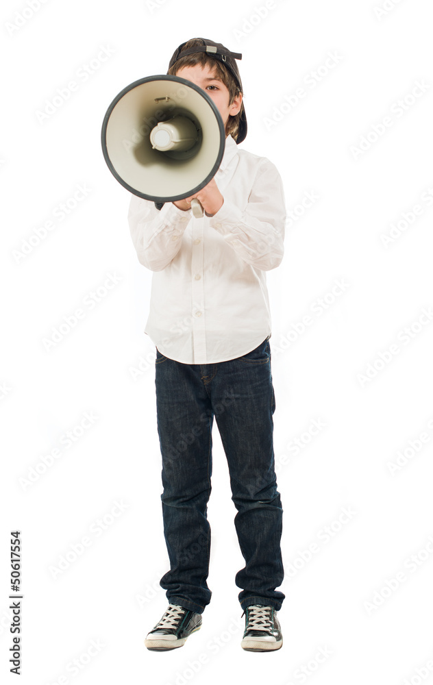 Portrait Of A Boy Shouting In Megaphone Portrait Of A Boy Shouting In Megaphone