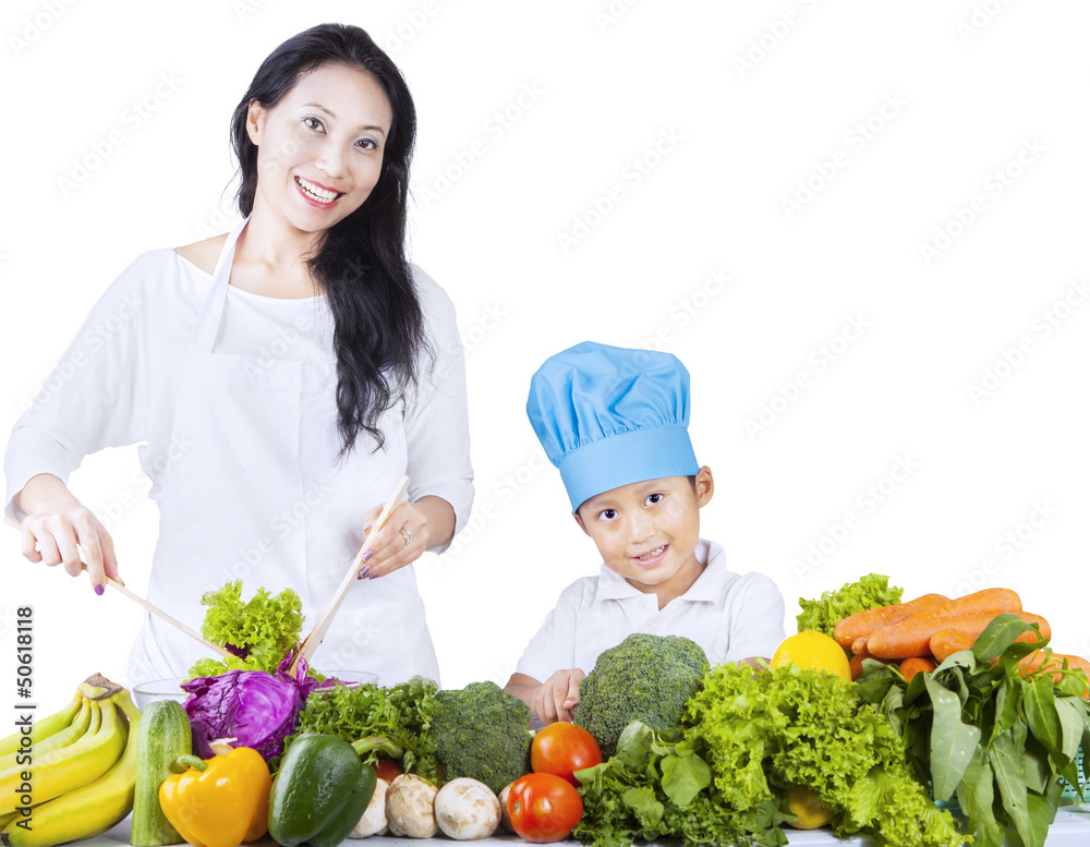 Asian family and green vegetable on white Asian family and green vegetable on white