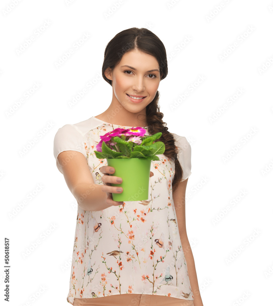 lovely housewife with flower in pot lovely housewife with flower in pot