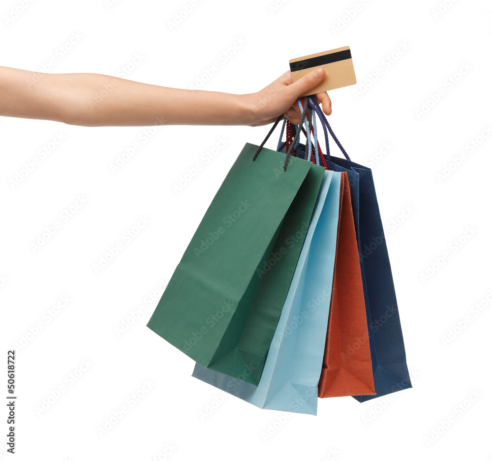multi colored shopping bags and credit card