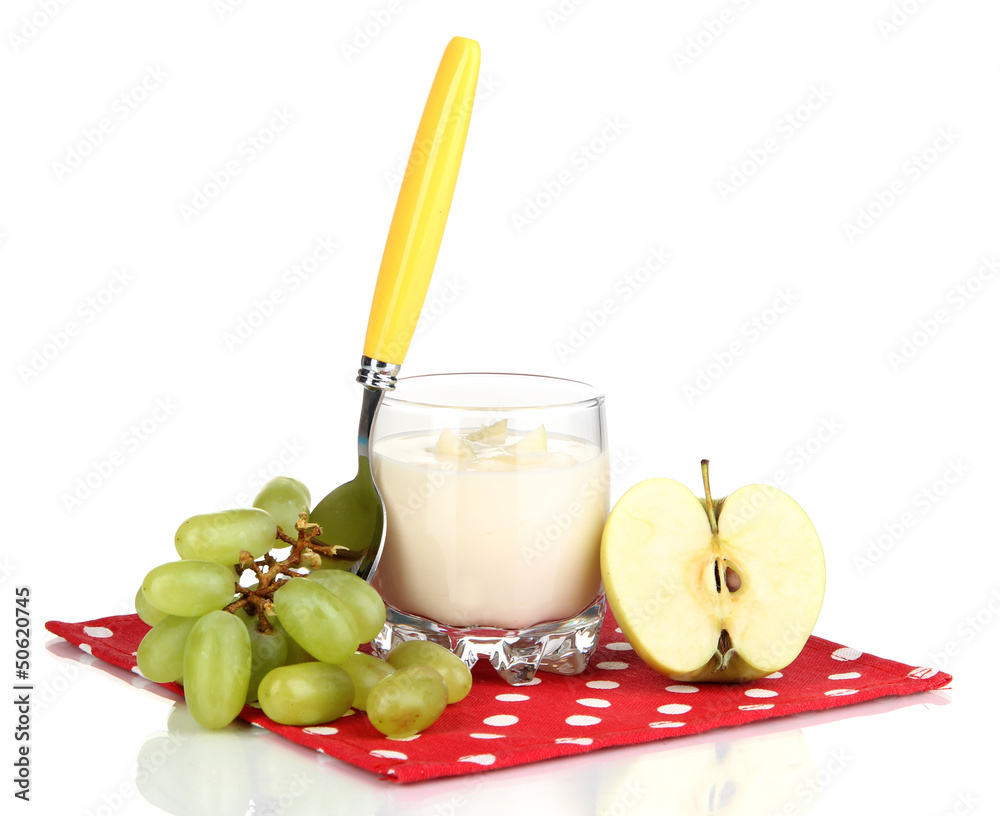 Delicious yogurt in glass with fruit isolated on white Delicious yogurt in glass with fruit isolated on white