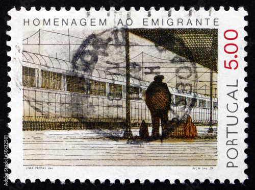 Postage stamp Portugal 1979 Emigrant at Railroad Station photo