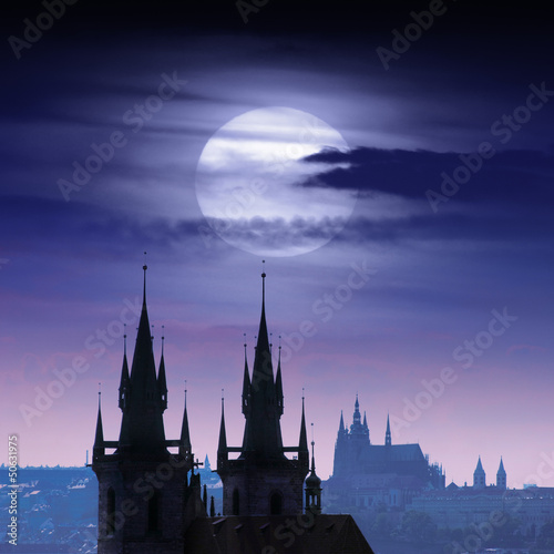 Photography Full moon over Prague castle towers