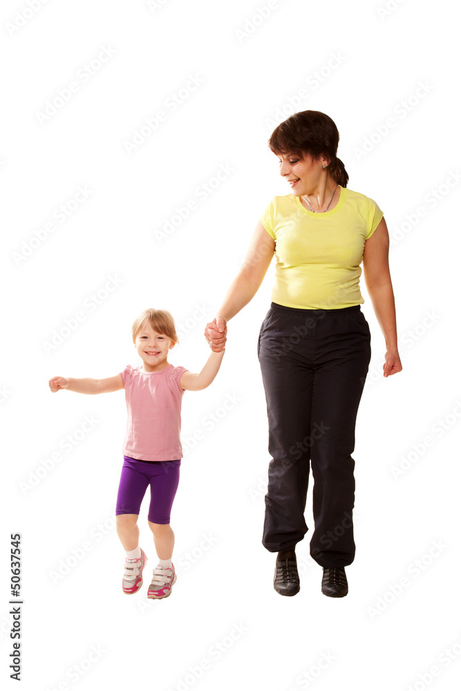 Mother and baby daughter holding hands and jogging. Mother and baby daughter holding hands and jogging.