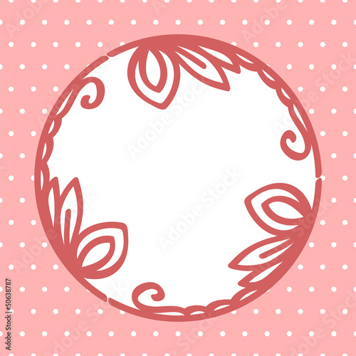 Round vignette frame on pink polka dot background card, vector