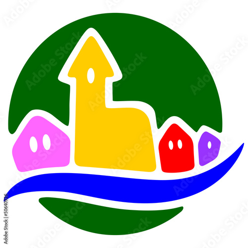 Farbenfrohes Logo einer Kleinstadt an Wald und Wasser