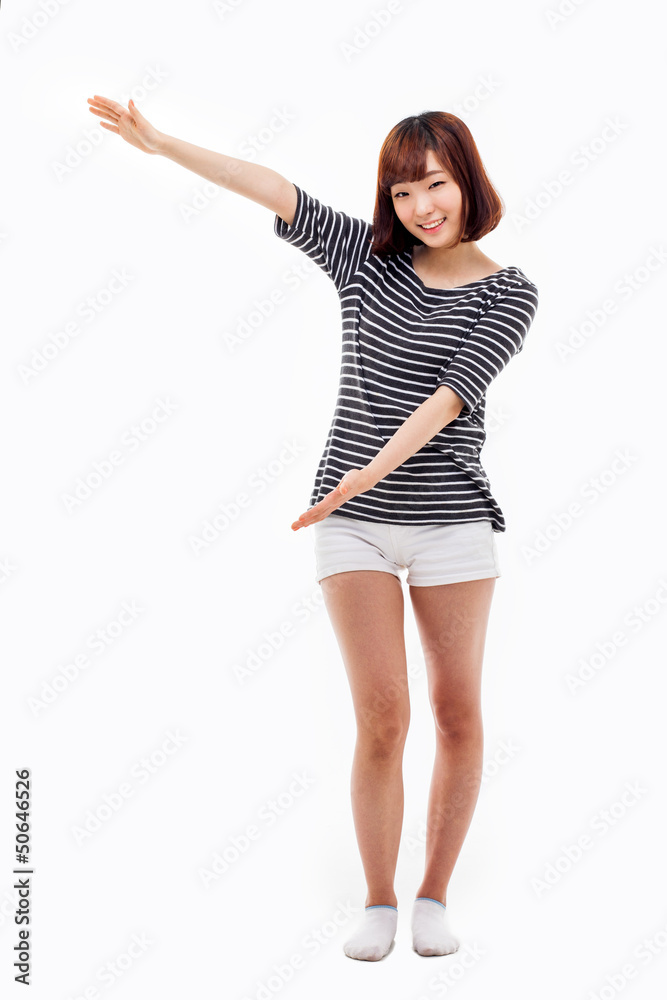 Asian woman present something. Asian woman present something.