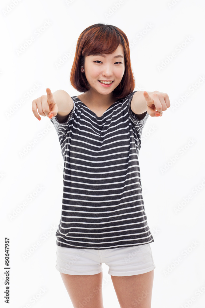 Young Asian woman pointing you Young Asian woman pointing you