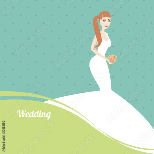 Beautiful bride with a bouquet on blue background