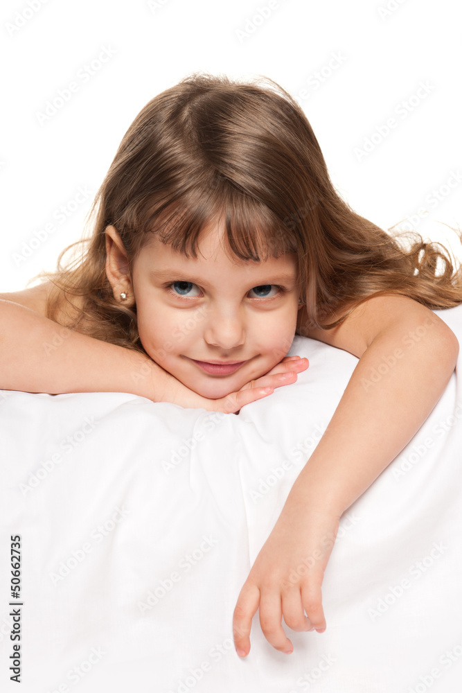 Cheerful little girl on the white Cheerful little girl on the white