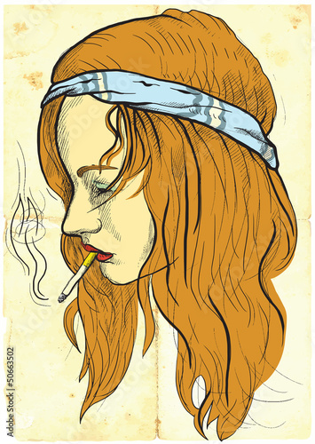 a little hippie-wearing, casually smoking a cigarette