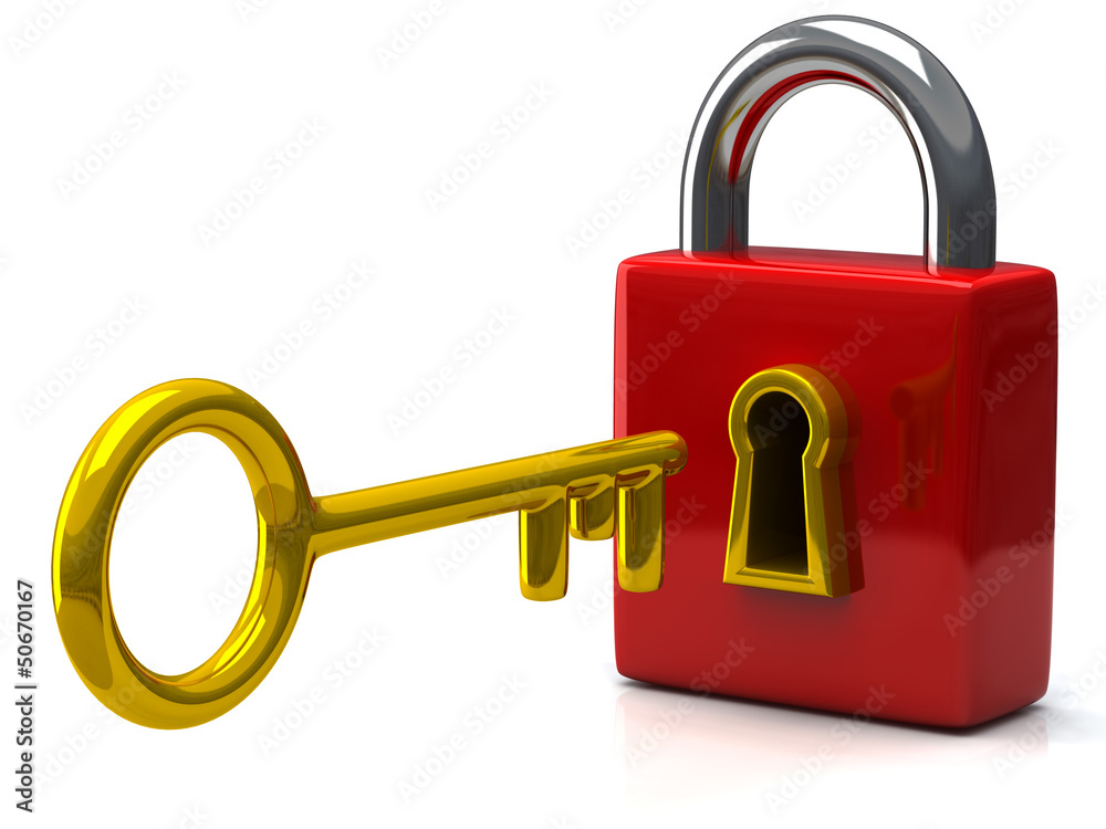 Closed red pad lock with key, 3d icon Stock Illustration | Adobe Stock