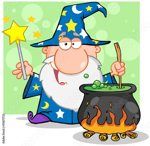 Wizard Waving With Magic Wand And Preparing A Potion