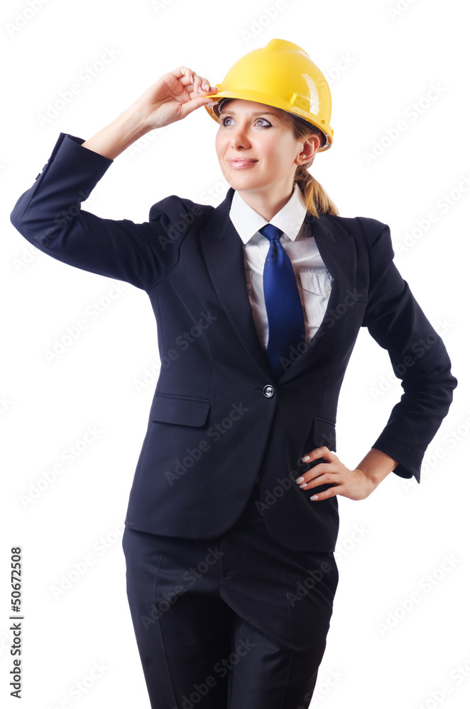 Young businesswoman with hard hat on white Young businesswoman with hard hat on white