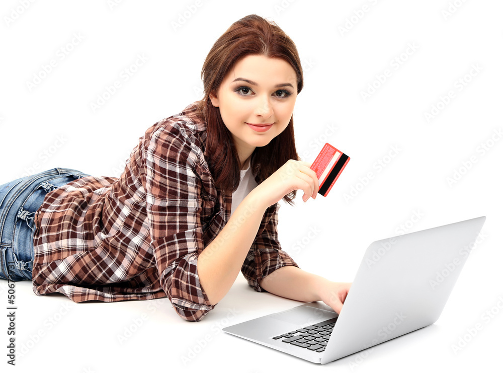 Beautiful young woman with laptop isolated on white Beautiful young woman with laptop isolated on white