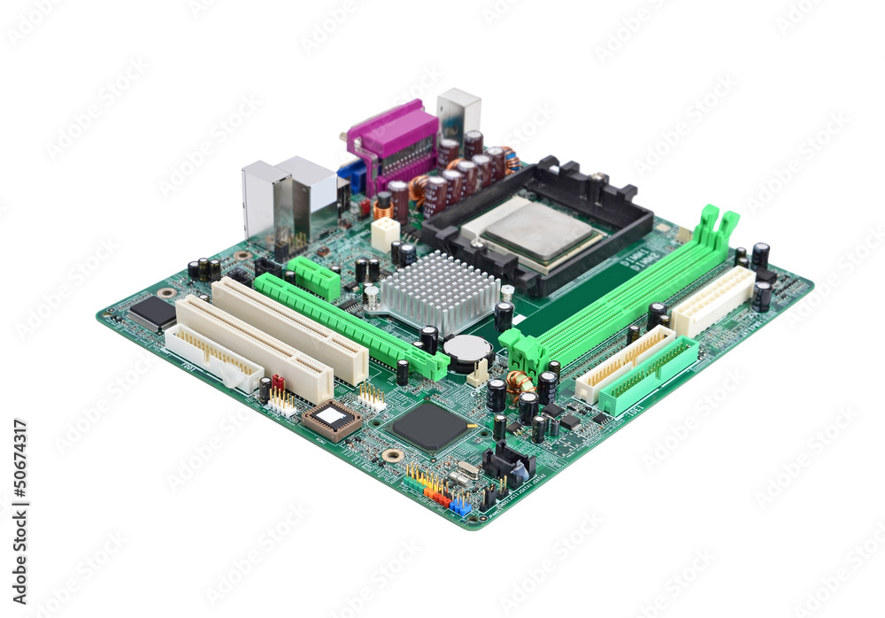 Printed computer motherboard board, isolated on a white Printed computer motherboard board, isolated on a white