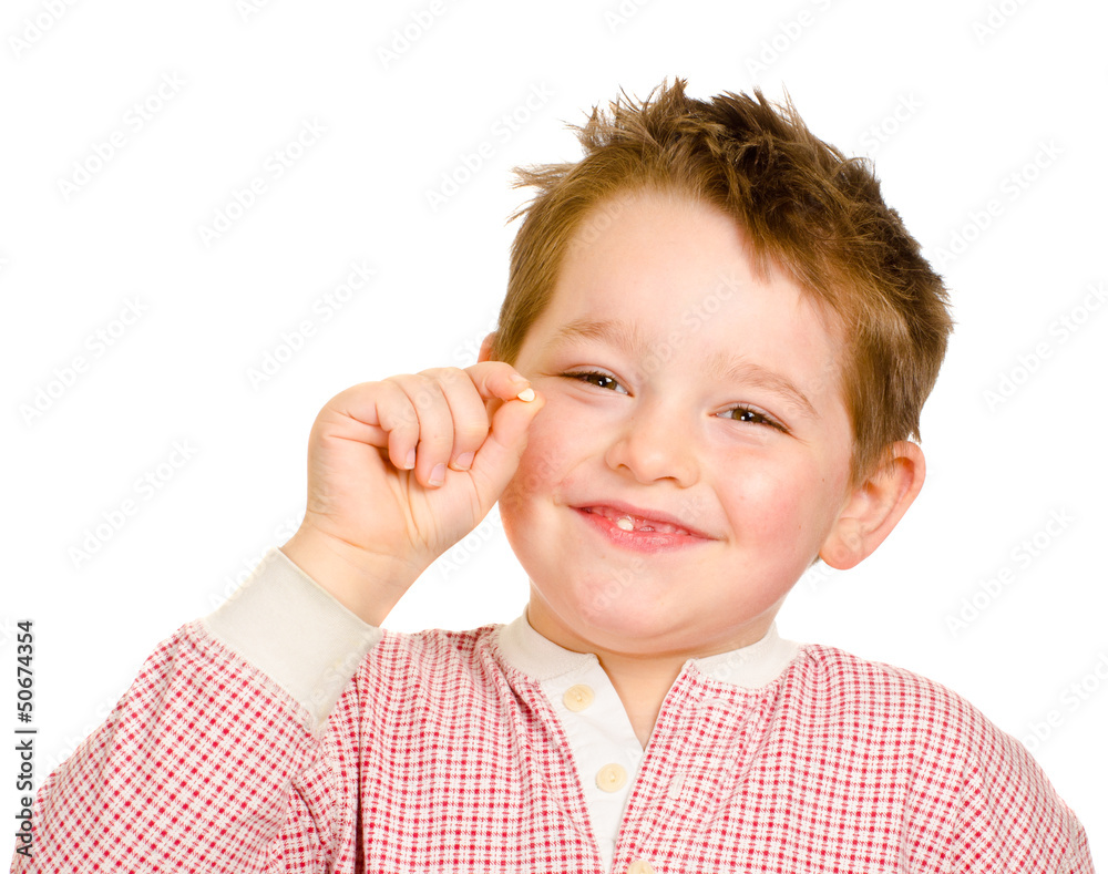 Child showing off his lost tooth isolated on white Child showing off his lost tooth isolated on white